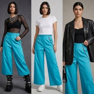 The Ragged Priest Turquoise Wide Leg Chain Detail Trousers - Small